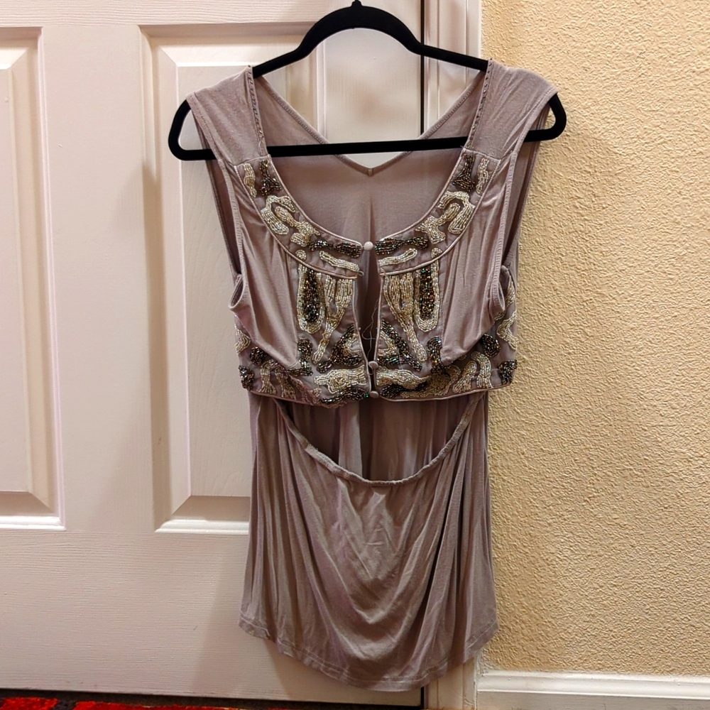 Bke women's grey tank with cut out back, beaded
